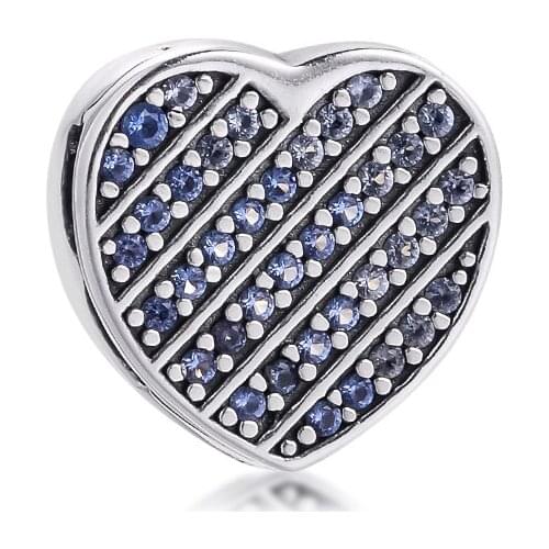 CKK Silver 925 Sterling Fits Pandora Bracelets Reflexions Blue Pavé Heart Clip Charm Original Making
