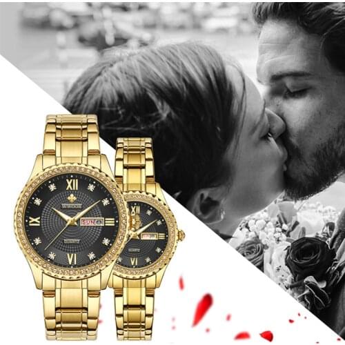 1 Pair Couple Watch WWOOR Luxury Golden Men Women Quartz Watch Fashion Diamond Wristwatch Waterproof Date Calendar Week Clocks