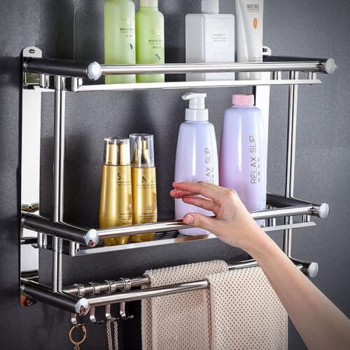 Thickened Non-perforated Toilet Towel Rack Stainless Steel Shelf Double Bathroom Bathroom Bath Towel Rack Wall Hanging Bathroom