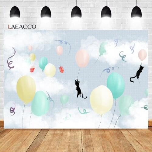 Laeacco Baby Shower Backdrops Blue Sky White Clouds Cat Hot Air Balloon Child Customized Photography Backgrounds Photo Studio