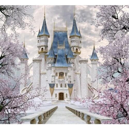 Photography Backdrops Cinderella Fantasy Fairy Blue Castle Cherry Blossoms Tree Computer Print Children Kids Photo Background