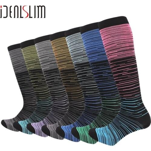 IDEALSLIM 7 Pairs Socks Sport For Men Women Compression Gradient Color Mixing Socks Knee High Long Nylon