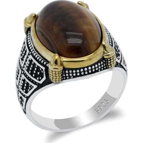 Tiger Eyes Ring for Men Husband Gift 925 Sterling Silver Natural Gemstone with Black CZ Rings Vintage Punk Fine Jewelry