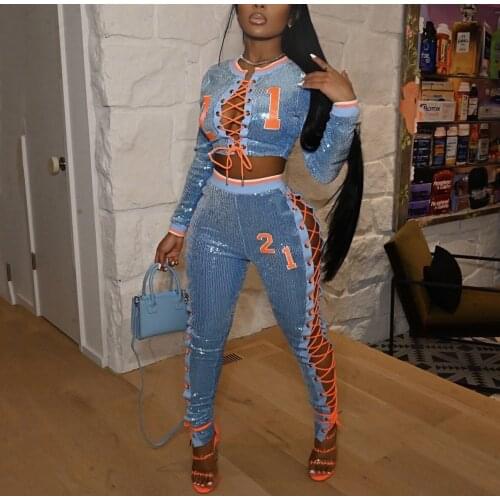 Sequined Pants Sets For Party For Women Sexy Tops & Long Trousers Skinny Lace Up Evening Night Club Wear Outfits 2 Pieces Sets