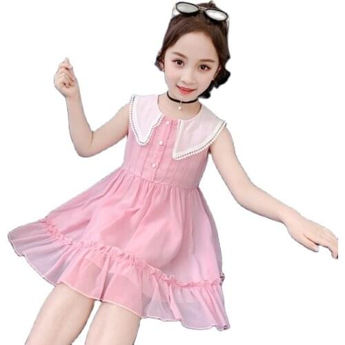 2020 Summer Chiffon Dresses For Teenage Girls Birthday Clothing Korea Solid Sleeveless Ruffle Beach Wear Sundress 10 11 12 13 14