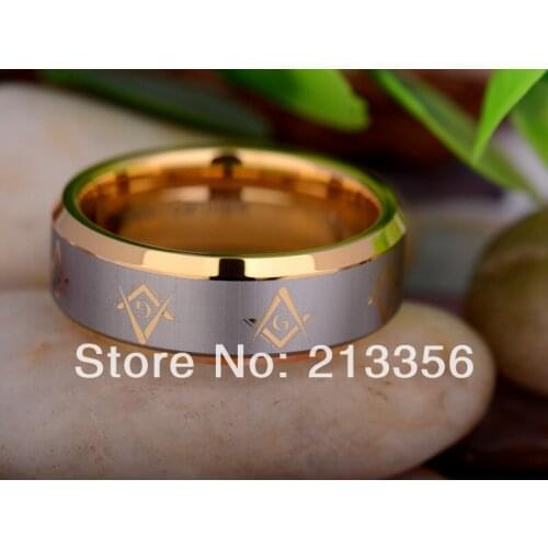 Free Shipping UK Russia Brazil USA Hot Selling 8MM New Gold Bevel Masonic Freemason Mens Fashion Tungsten Carbide Wedding Ring