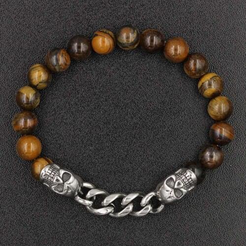 Natural Stone Tiger Eye Elastic Bead Bracelet Stainless Steel Skull Leopard Animals Chain Charms Bracelet Jewelry for Men Women
