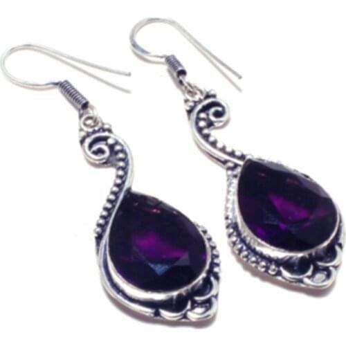 Genuine Amethyst Earrings Silver Overlay over Copper Nature stone Hand made Women Jewelry Gift, E5213