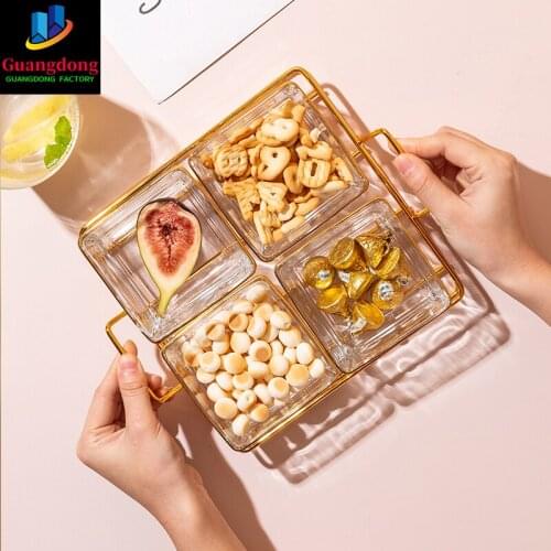 Phnom Penh Grid Snack Tray Candy Nuts Seeds Plate Glass Dry Fruits Dishes Home Desktop With Metal Frame Serving Snack Plates