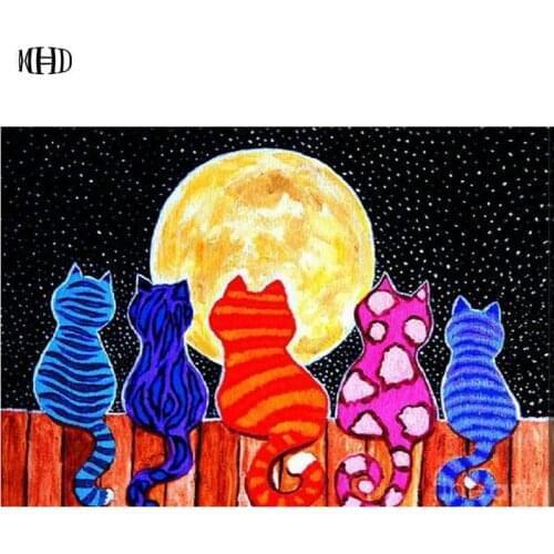 Full Square/Round new 3D Embroidery diy Diamond Embroidery 5 cats look at the moon Cross Stitch Diamond Drawing Home decoration