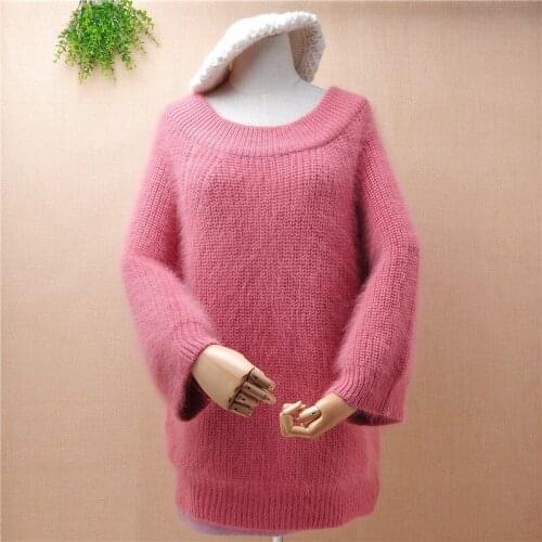 Ladies women fashion slash neck hairy mink cashmere knitted long flare sleeves loose pullover angora fur winter jumper sweater