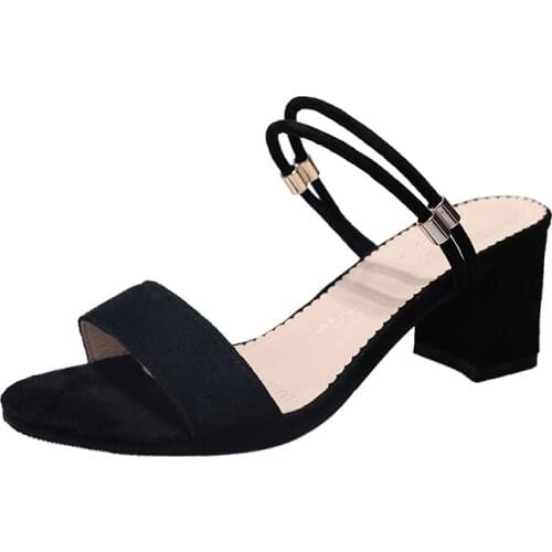 Women Summer Fashion PU Leather Girls High Heels Sandals Concise Solid Flip Flops Ankle Strap Casual Shoes Woman Slippers