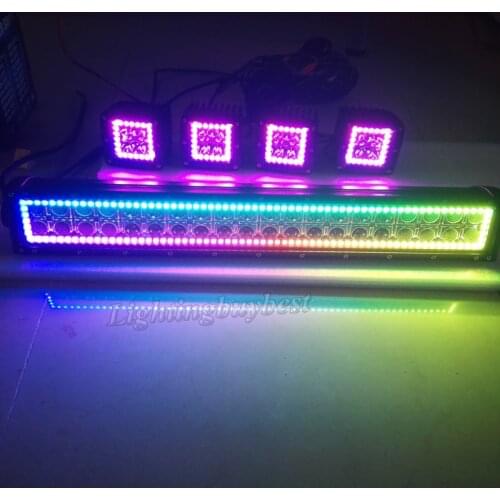 22"INCH 120W LED Light Bar + 4x 3" 16W Cube Pods Led work light with RGB Angle Eyes Halo Color Change Chasing for Jeep Ford SUV