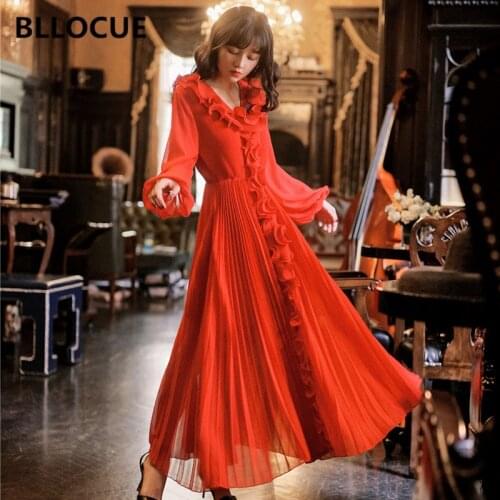 BLLOCUE Vintage Ruffles Designer Chiffon Dress 2020 Spring New Fashion Party Ladies Red V-Neck Long Sleeve Elegant Pleated Dress