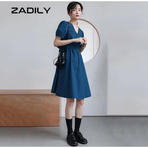 ZADLIY Chic Casual Solid Color Women Dress Short Sleeve Bow Blue Ladies Mini Dresses 2021 Summer V Neck Party Robe