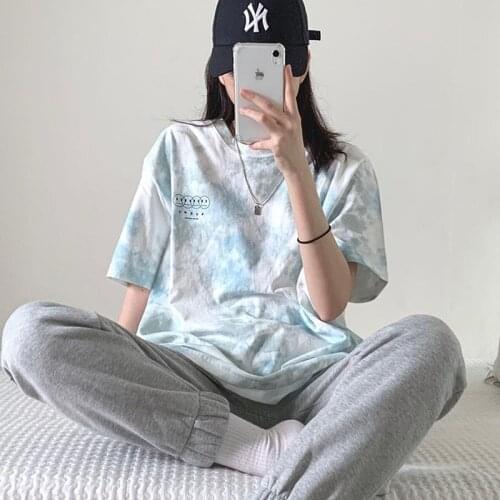 Korean tie dyed short sleeve t-shirt female student Komatsu Hara Sufeng 2021 summer loose half sleeve top shirts for women