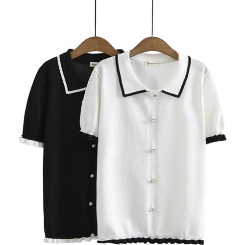 Womens Clothing Sweaters Plus Size 3XL 2021 Summer Loose Ruffled Lapel Ice Silk Knitting Tops Small Unlined Upper Garment