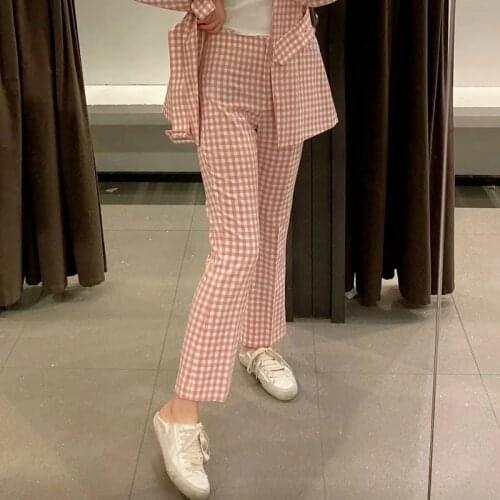 Pink Sweet High Waist Plaid Flare Pants 2021 Women Plaid Suit Pants Summer New Korean Fashion Casual Office Tailored Trousers OL