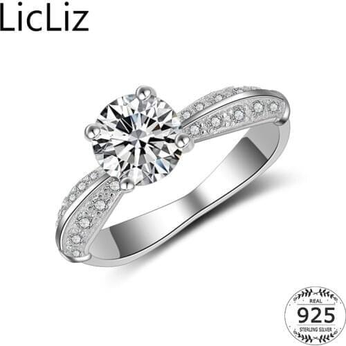 LicLiz 925 Sterling Silver CZ Solitaire Engagement Rings Wedding Band For Women Micro Pave Cubic Zirconia Eternity Rings LR0461