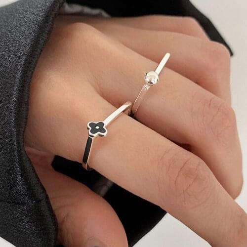 BOYULIGE Rings Opening Adjustable Black Flowers For Women Round Bead Square Female Korean Fashion Retro Hip Hop Design Jewelry