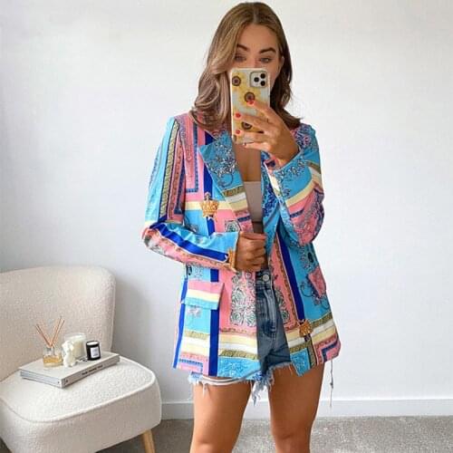 2021 Autumn Winter new Fashion Vintage Blue Printe Women Blazer Long Sleeve Office Ladies Casual Suit Jackets