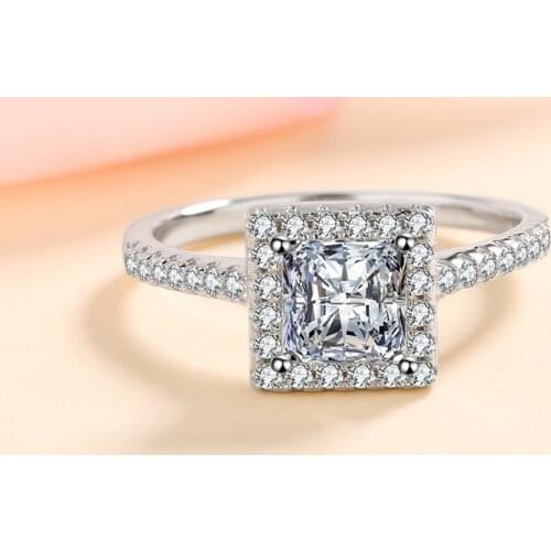 Silver 925 Original Brilliant Cut 1 Carat Diamond Test Past Square D Color Moissanite Wedding Ring for Women Gemstone Jewelry