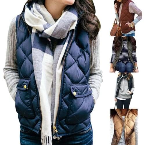 Plus Size Women Vests Autumn Winter Sleeveless Pockets Zipper Warm Loose Waistcoat female outwear Solid Color Stand Collar Vest