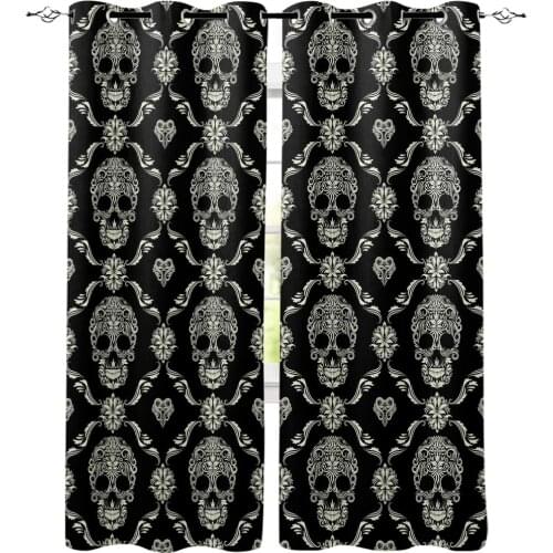 Skull Pattern Black Window Curtains Living Room Kitchen Curtains for Bedroom Left and Right Biparting Open Curtains