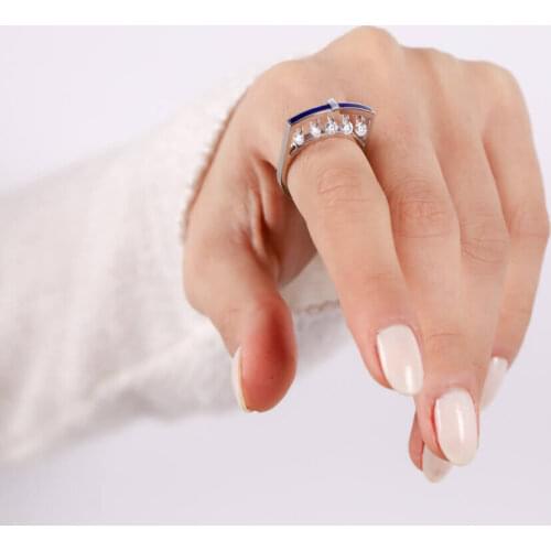 Design White Gold Ring 14 Carat Baguette Blue Enamel Handy Custom Craftsmanship Gift Gold Special Occasions Design Shiny Elegant