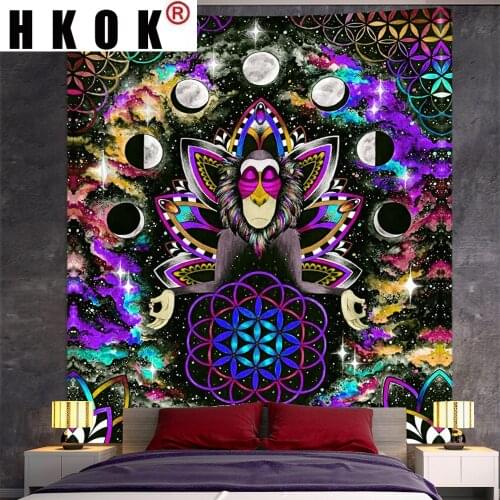 HKOK Animal Monkey Wolf Abstract Geometry Tapestry Hanging Covering Rugs Background Cloth Beach Mat Blanket Art Living Dorm Deco