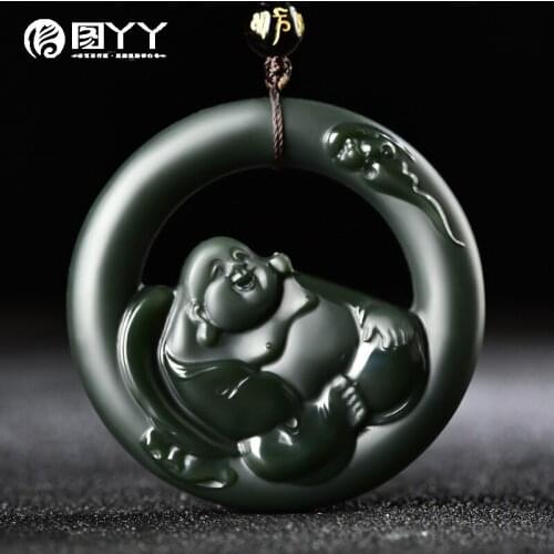 Natural A hetian jade hollow hand carved Buddha black green jade pendant unique design jadeite jade necklace men jewelry