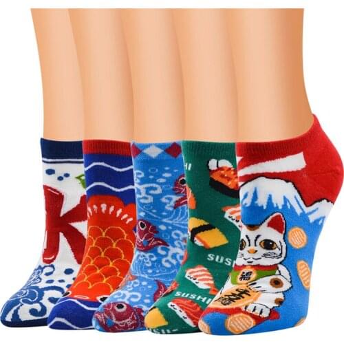New Fashion Fortune Cat Women Boat Sock Cotton Girls Cartoon Illustrations Personality Socks Low Cut Sushi Harajuku Sox