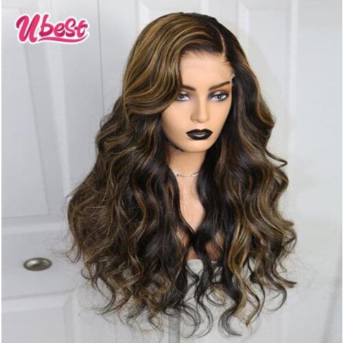 Transparent Colored Highlight Human Hair Wigs for Women Indian Body Wave Lace Frontal Wig Pre Plucked 30 Inch Long Wavy Wigs