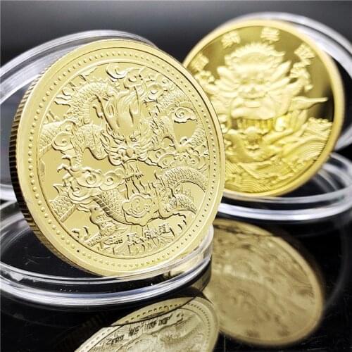 Good Luck To You Chinese Style Auspicious Dragon Totem Gold Coin Silver Coin Embossed Metal Craft Badge Gift Coins Collection