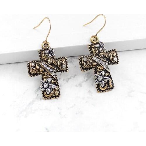 Vintage Bohemian Cross Drop Earrings Carved And The Flower Inlaid With White Crystal Earrings For Elegant Women Jewelry