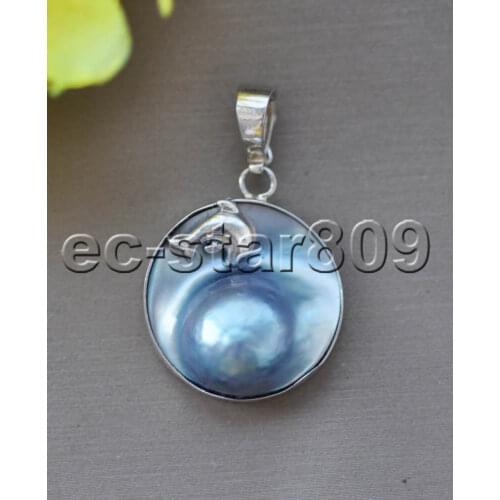 Z11135 Real 21mm Gray South Sea Mabe Pearl Dolphin Pendant 925silver