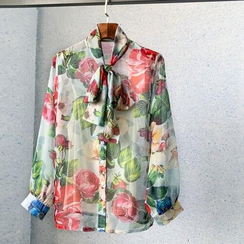 High Fashion Women Summer Floral Print Shirt Long-Sleeved Bow Tie Elegant Top Thin Chiffon Blouse Single Breasted Clothes 2021