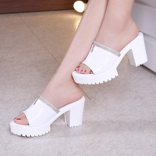 Sexy Open Head Block Heels Platform Shoes Women Wedding Shoes Summer 2020 High Heels Slides Ladies Slippers Rhinestone 41 42 43