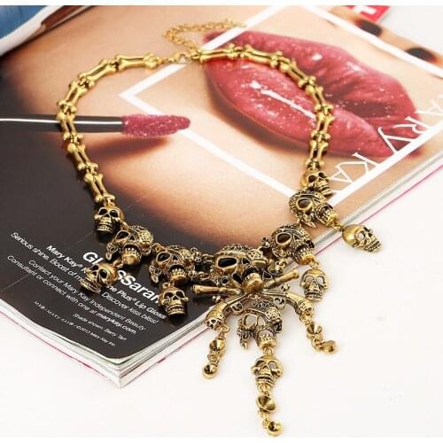 Halloween Jewelry Necklace Retro Exaggerated Multilayer Skull Ghost Head Tassel Alloy Necklace For Women