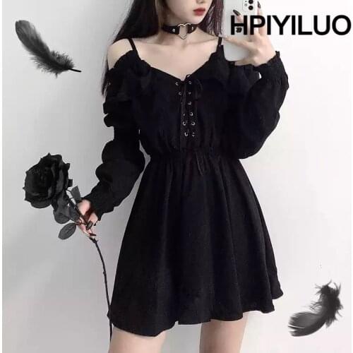Women Dress Plus Size 4XL Lace Up Black Autumn 2021 Sexy High Waist Femme Dresses Off Shoulder Long Sleeve Gothic Clothes