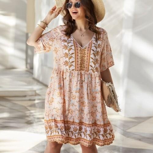 TEELYNN XXXXL Plus size Mini Dresses For Women Vintage Loose V neck short Sleeve Rayon Floral Printed Summer Boho Beach Dress
