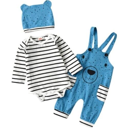 3Pcs Set 0-24M Spring And Autumn Newborn Cute Baby Boys Girls Long Sleeve Clothing Set Striped Rompers+ Cartoon Overalls+Hat