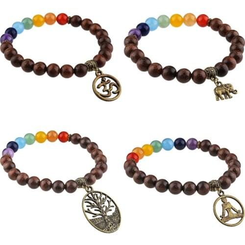 SUNYIK 7 Chakra Healing Stone Bracelet,8mm Wood Beads Wirstband,Yoga Meditation Jewelry for Women Men