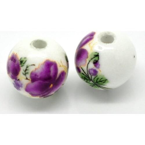 Doreen Box hot- 30PCs Purple Flower Pattern Round Ceramic Beads 12mm( 4/8")Dia. (B20817)