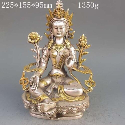 H 220mm Decorated Tibet Silver Copper Gilt Tibetan Buddhism Statue -- White Tara Buddha Decoration real Silver Brass