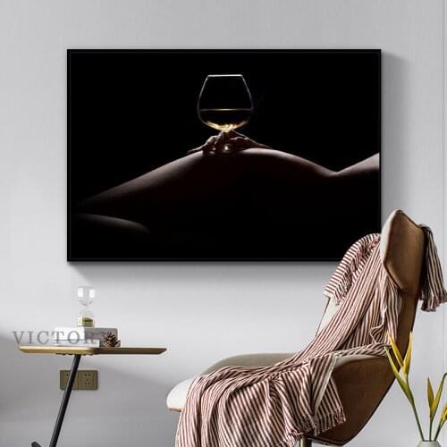 Sexy Body Nude Women Canvas Painting Red Wine Black Background Art Cuadros Posters and Prints Wall Art Picture for Living Room
