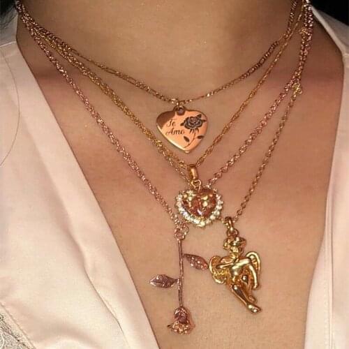 4 Pcs/Set Fashion Necklaces Set Bohemian Angel Flower Heart Crystal Letter Chain Necklace Charm Party Lover Jewelry Gift