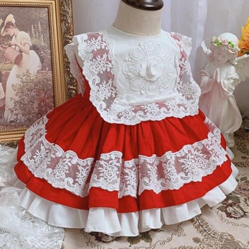 Summer Lolita Spanish Princess Cute Red Lace Ball Gown Dress For Bady Girls Birthday Party Vintage Sleeveless Dress