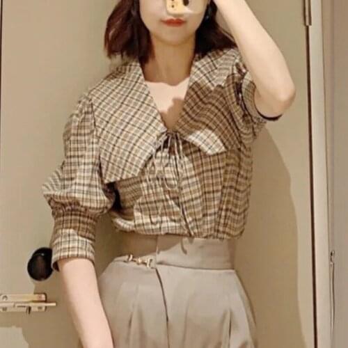 Sweet Lace-Up Sailor Collar Puff Sleeve Blouse Women Single Breasted Solid Plaid Shirts Early Autumn Elegant Ol Blusas Mujer