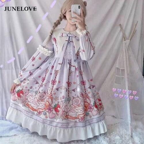 Alice In Wondeland Cute Womens Lolita OP Dress Flouncing Lace Trim Japanese Harajuku Long Sleeves Doll Dress Fairy Vestidos